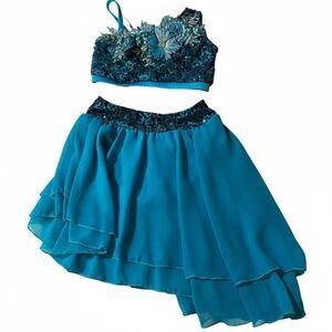 Glamour solo dance costume 2 piece teal blue embellished XLC-Extra large child